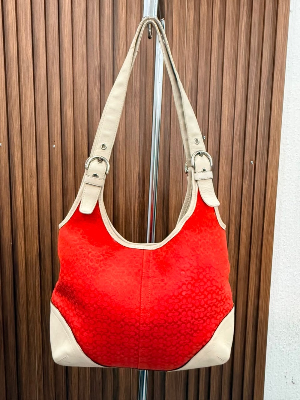 Y2K Coach Vintage Red Monogram Canvas Leather Hobo Shoulder Bag Purse #6800